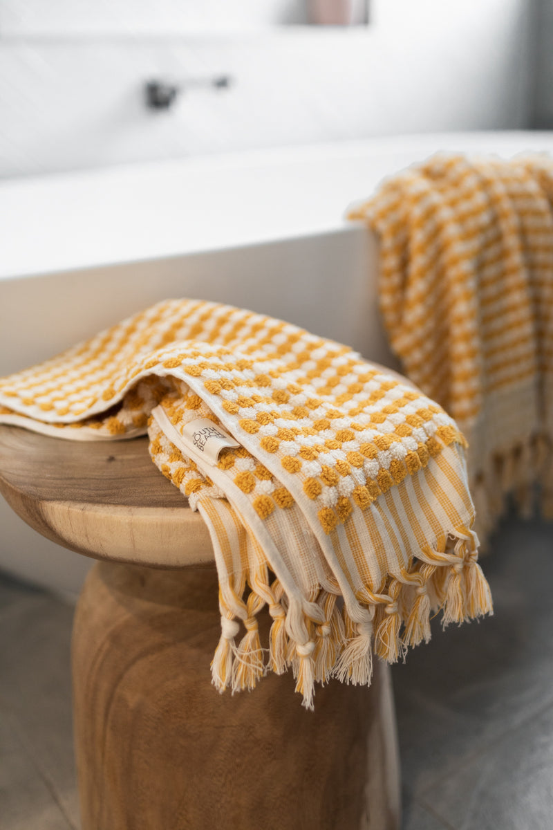 pom pom mustard Turkish bath towel